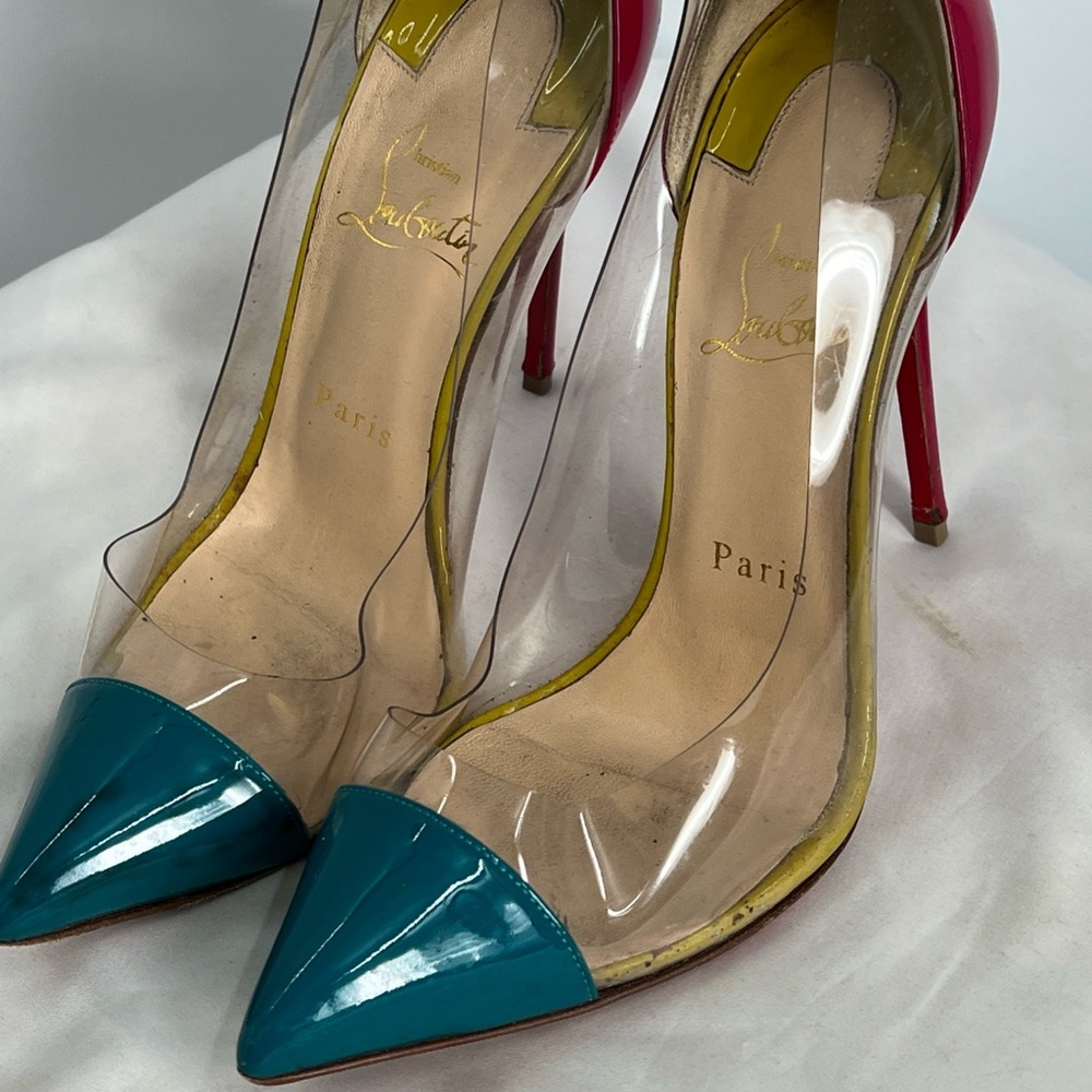 Christian Louboutin Debout 100 Patent PVC Version Riviera Pointed Toe Heels 37.5
